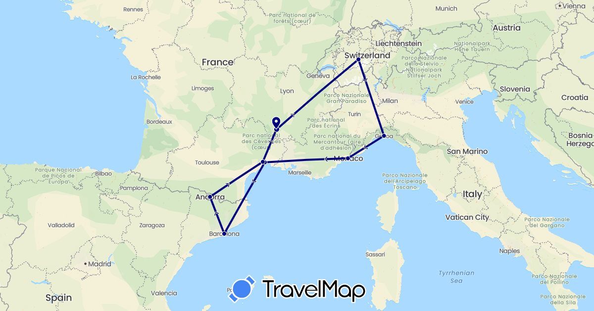 TravelMap itinerary: driving in Andorra, Switzerland, Spain, France, Italy (Europe)